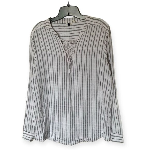 BKE Eased Black and White Striped Long Sleeve Cotton Tunic with Tie Size Large - Picture 1 of 9